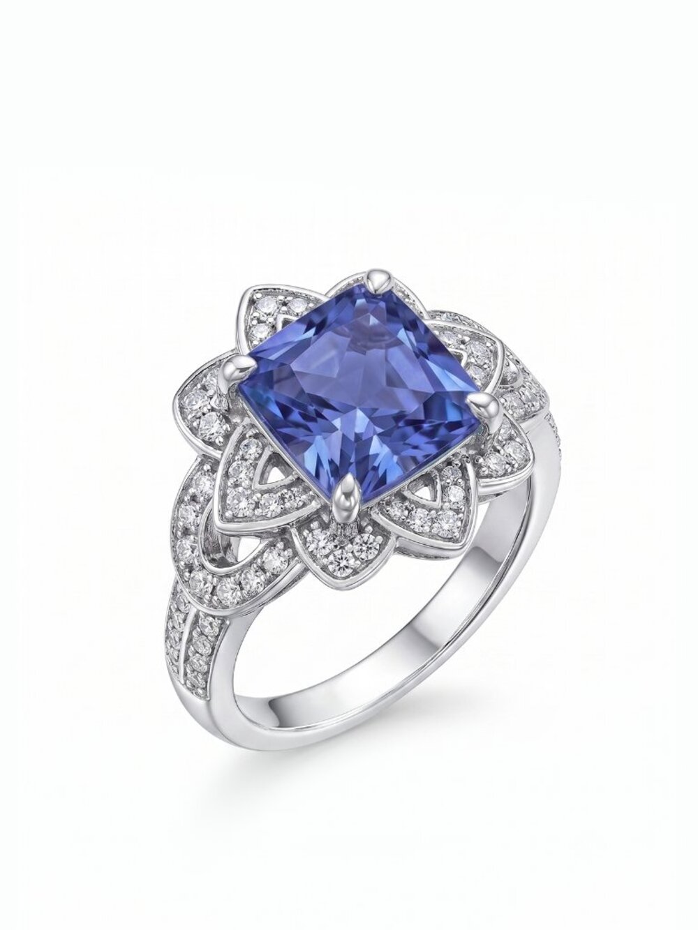 Princess Cut Floral Halo Ring - Purple Tanzanite, Liz Halston 925S